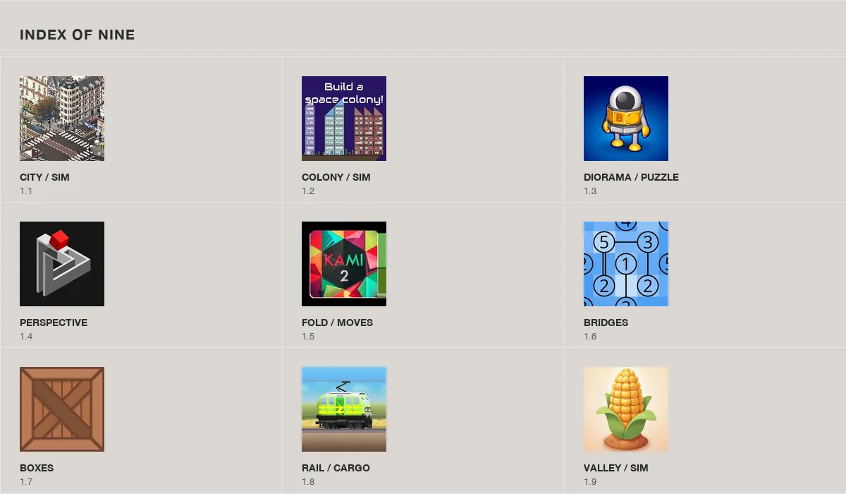 Contact sheet of the nine reviewed game icons arranged on a ruled grid