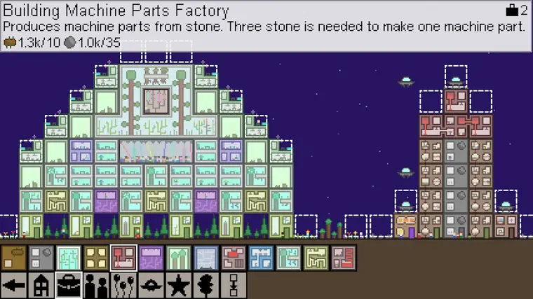 Gameplay of The Final Earth: a vertical colony of stacked buildings