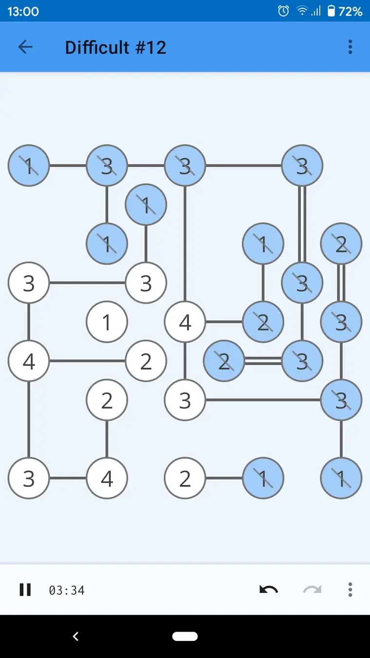 Gameplay of Hashi: numbered islands joined by single and double bridges