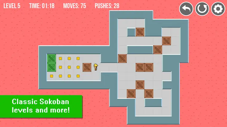 Gameplay of Sokoban Original and Extra: crates on a tiled warehouse grid