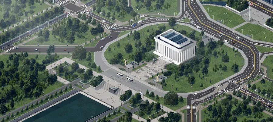 TheoTown: an aerial view of a park district with avenues and a civic landmark