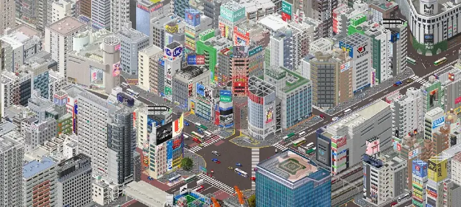TheoTown: a dense commercial district of pixel-art towers