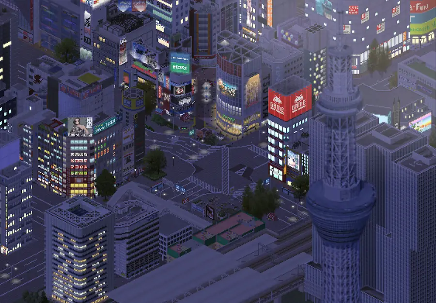TheoTown: the same city at night, towers lit across the grid