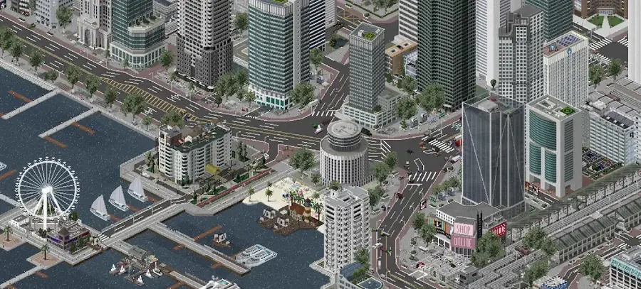 TheoTown: a waterfront district with a big wheel and finished towers