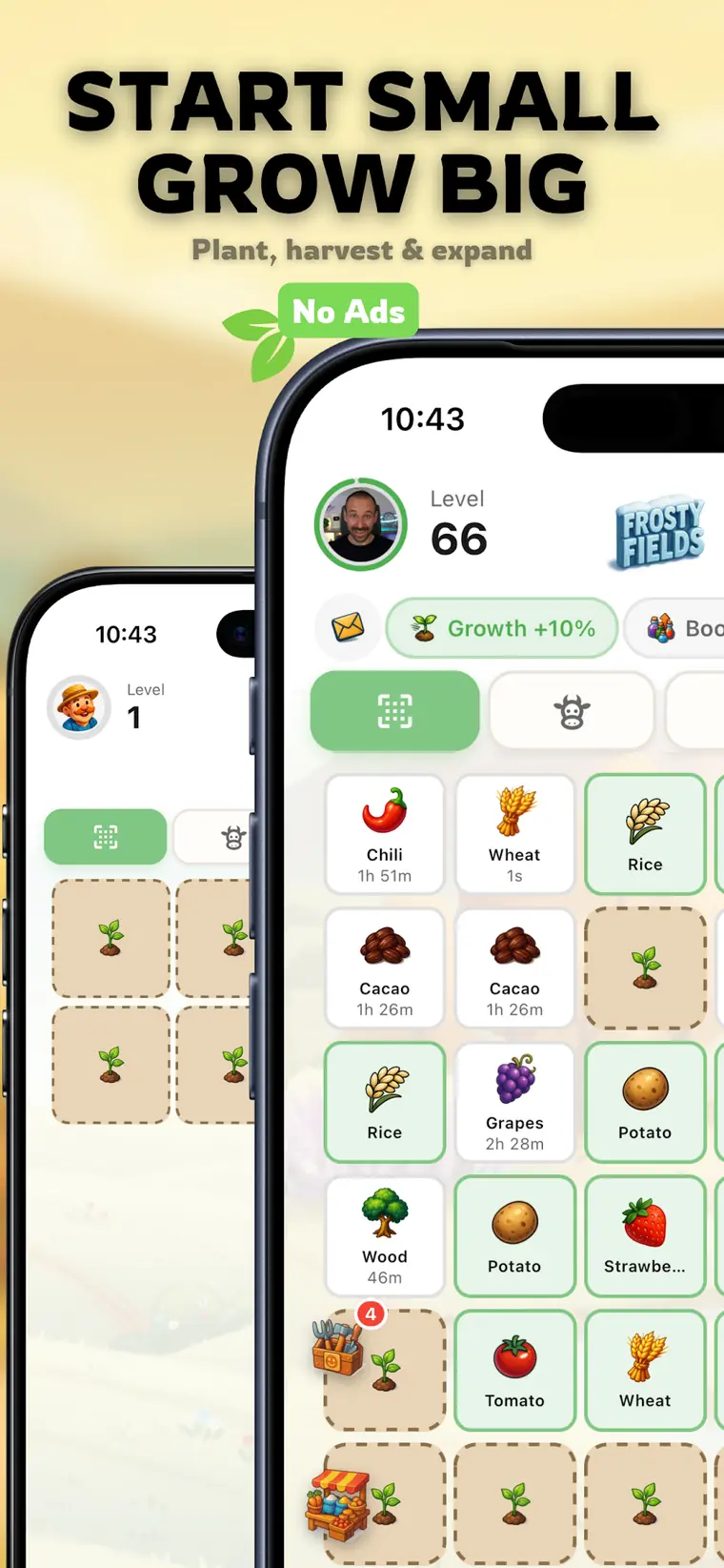 Gameplay of Tiny Harvest: garden plots, workshops and crafting menus